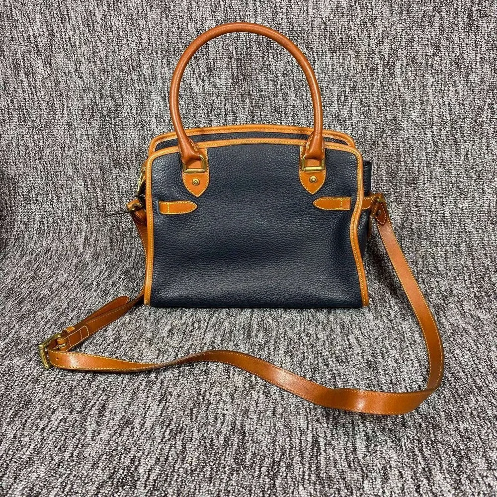 Vtg Dooney Bourke All Weather Leather Cavalry Satchel Bag Navy British Tan Purse